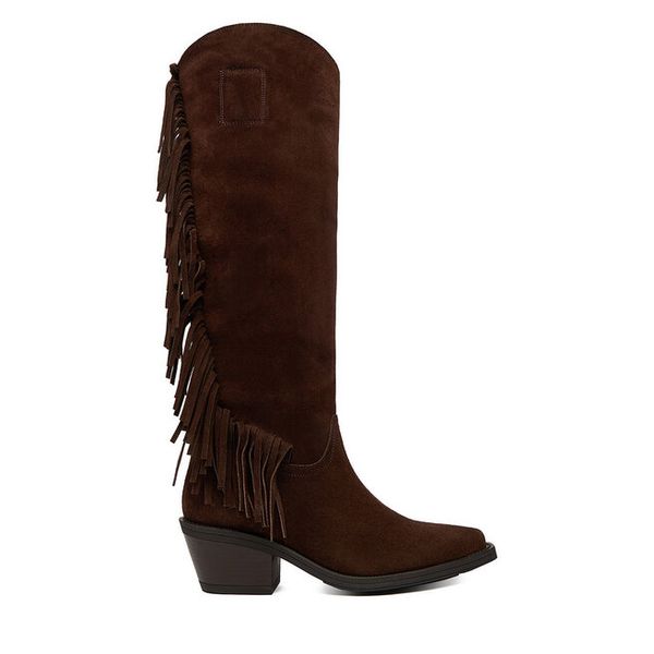 Kozaki Badura. Brązowe kozaki damskie Badura, bez wzorów, bez obcasa, na słupku, bez zapięcia. Za 579.99 zł.