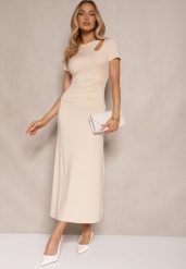 Jasnobeżowa Sukienka Bodycon z Marszczeniem w Talii i Krótkimi Rękawami Aterezza. Brązowe sukienki damskie Renee, na co dzień, l, bez wzorów, klasyczne, bez kołnierzyka, bez ramiączek, maxi, bodycon. Za 109.99 zł.