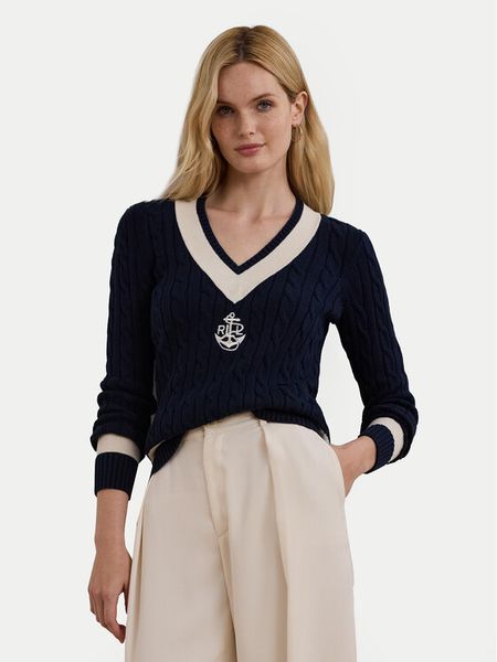 LAUREN RALPH LAUREN Sweter 200957479002 Granatowy Regular Fit. Niebieskie swetry nierozpinane damskie Lauren Ralph Lauren, xl, bez wzorów, z bawełny, bez kołnierzyka, bez ramiączek. Za 539.99 zł.