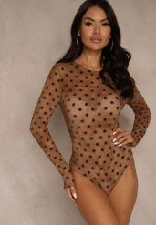 Brązowe Transparentne Body z Wiskozą w Kropki z Weluru Lianassa. Brązowe body Renee, bez wzorów, z jeansu. Za 89.99 zł.