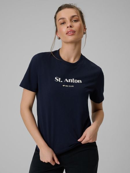 4F T-shirt loose z nadrukiem damski - granatowy L. Niebieskie t-shirty damskie 4F, l, bez wzorów, z bawełny, bez kołnierzyka, bez ramiączek. Za 79.99 zł.