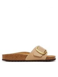 Birkenstock Klapki Madrid Big Buckle Lenb 1024009 Beżowy. Brązowe klapki damskie Birkenstock, bez wzorów, z nubiku, bez obcasa, bez zapięcia. Za 539.99 zł.