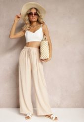 Beżowe Spodnie High Waist ze Sznurkiem w Talii i Prostą Nogawką Raveann. Brązowe spodnie materiałowe damskie Renee, bez wzorów, z jeansu, z podwyższonym stanem. Za 39.99 zł.