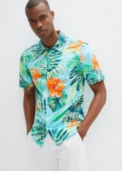 Koszula z krótkim rękawem z czystej bawełny. Niebieskie koszule męskie bonprix, m, bez wzorów, z bawełny, bez kołnierzyka, bez ramiączek. Za 109.99 zł.