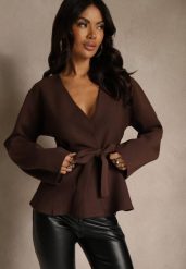 Brązowy Kardigan z Wiskozą Ozdobiony w Pasie Wiązaniem Tusllima. Brązowe kardigany damskie Renee, bez wzorów, z jeansu, bez kołnierzyka. Za 119.99 zł.