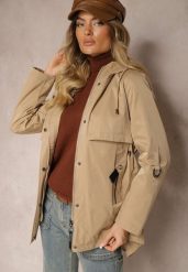 Ciemnobeżowa Kurtka Typu Parka z Troczkami w Talii Kapturem i Kieszeniami Kaivara. Brązowe kurtki damskie Renee, l, bez wzorów, z materiału. Za 299.99 zł.