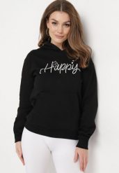 Czarna Bluza z Kapturem Napisem i Kangurkową Kieszenią Adrippa. Czarne bluzy damskie Born2be, l, bez wzorów, casualowe, bez ramiączek, z kapturem. Za 79.99 zł.