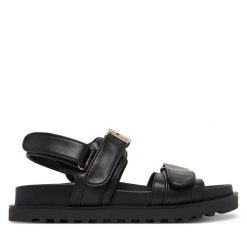 Sandały Guess. Czarne sandały damskie Guess, z aplikacjami, bez obcasa, na płaskiej podeszwie, bez zapięcia. Za 479.99 zł.