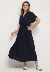 Granatowa Sukienka z Bawełną i Ozdobnym Paskiem Lunistra. Niebieskie sukienki damskie Born2be, na co dzień, l, z aplikacjami, z bawełny, eleganckie, bez kołnierzyka, bez ramiączek, maxi. Za 79.99 zł.