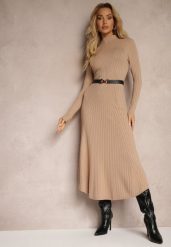 Ciemnobeżowa Dzianinowa Sukienka z Eleganckim Paskiem i Dodatkiem Wełny Nirillia. Brązowe sukienki damskie Renee, na co dzień, m, z aplikacjami, z dzianiny, eleganckie, bez kołnierzyka, bez ramiączek, maxi, dopasowane. Za 149.99 zł.