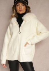 Jasnobeżowa Bluza z Wełną z Kapturem i Kieszeniami Ozdobiona Futerkiem Siliti. Brązowe bluzy damskie Renee, na zimę, l, bez wzorów, z jeansu, eleganckie, bez ramiączek, z kapturem. Za 159.99 zł.
