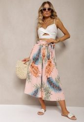Różowe Plisowane Spodnie z Szerokimi Nogawkami High Waist z Gumką w Talii Alfia. Czerwone spodnie materiałowe damskie Renee, bez wzorów, z bawełny, eleganckie, z podwyższonym stanem. Za 44.99 zł.