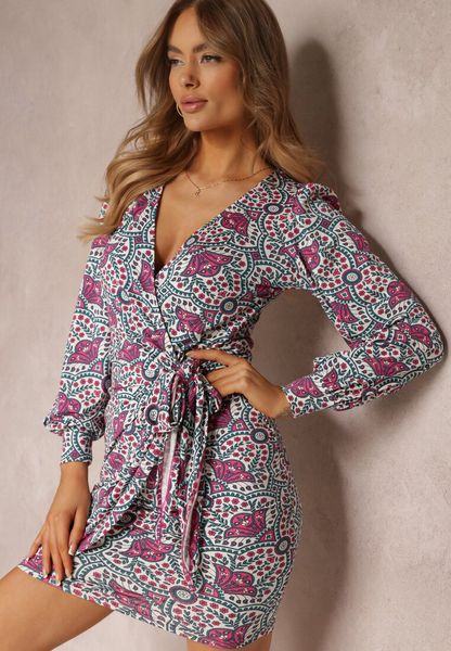 Różowo-Fioletowa Sukienka Kopertowa z Wiązaniem Marshay. Czerwone sukienki damskie Renee, l, z aplikacjami, klasyczne, bez kołnierzyka, bez ramiączek, mini, kopertowe. Za 139.99 zł.