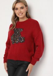 Bordowy Sweter z Wiskozy Ozdobiony Misiem i Cekinami Lilimi. Czerwone swetry nierozpinane damskie Born2be, l, bez wzorów, z jeansu, eleganckie, bez kołnierzyka, bez ramiączek. Za 129.99 zł.
