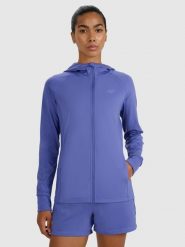 4F Bluza treningowa regular szybkoschnąca damska - granatowa S. Niebieskie bluzy damskie 4F, s, bez wzorów, z dzianiny, sportowe, bez ramiączek, z kapturem. Za 199.99 zł.