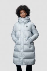 BLAUER Błękitny damski płaszcz Lena Raincoat Long Jackets. Niebieskie płaszcze damskie Blauer USA, s, bez wzorów, ze lnu, eleganckie, bez kołnierzyka. W wyprzedaży za 1,599.99 zł.