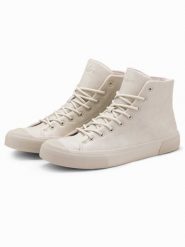 Wysokie męskie buty trampki z gumowym noskiem – kremowe V1 - Rozmiar: 42. Białe trampki męskie Ombre Clothing, z aplikacjami, z gumy, klasyczne, bez zapięcia. Za 199.99 zł.