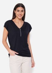 T-shirt z zamkiem, krótki rękaw. Czarne t-shirty damskie bonprix, bez wzorów, bez kołnierzyka, bez ramiączek. Za 64.99 zł.