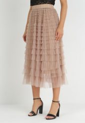 Beżowa Spódnica z Gumką w Pasie i Zdobieniami Tiulowymi Elesia. Brązowe spódnice damskie Born2be, m, z aplikacjami, z tiulu, eleganckie, midi. Za 169.99 zł.