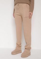 Ciemnobeżowe Sweterkowe Spodnie z Wełną z Ozdobnymi Kieszeniami Monilana. Brązowe spodnie materiałowe damskie Born2be, bez wzorów, z jeansu. Za 69.99 zł.