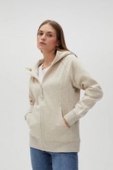 Rozpinana bluza z kapturem beżowa. Brązowe bluzy damskie MOODO, xs, bez wzorów, z bawełny, bez ramiączek, z kapturem. W wyprzedaży za 99.99 zł.
