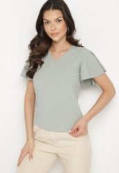 Zielona Bluzka z Szerokimi Rękawami Sunevia. Zielone bluzki damskie Born2be, m, bez wzorów, z jeansu, eleganckie, bez kołnierzyka, bez ramiączek. Za 39.99 zł.