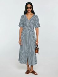Sukienka damska midi z wiskozy w paski granatowo-białe Zissa 403. Niebieskie sukienki damskie BIG STAR, do pracy, l, bez wzorów, z tkaniny, biznesowe, bez kołnierzyka, bez ramiączek, midi. Za 249.99 zł.