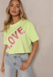 Zielony Krótki T-shirt Oversize z Bawełny z Ozdobnym Napisem Sanillva. Zielone t-shirty damskie Renee, m, bez wzorów, z bawełny, bez kołnierzyka, bez ramiączek. Za 39.99 zł.