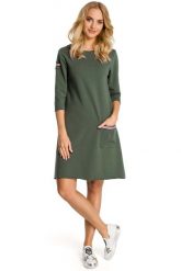 Khaki Sukienka Trapezowa Dzianinowa z Ozdobnymi Tasiemkami. Brązowe sukienki damskie MOE, l, bez wzorów, z bawełny, bez kołnierzyka, bez ramiączek, trapezowe. Za 223.90 zł.