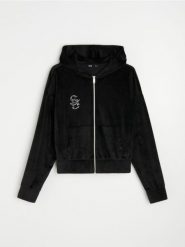 Welurowa bluza hoodie z biżuteryjną aplikacją - czarny. Czarne bluzy damskie Sinsay, l, z aplikacjami, z weluru, sportowe, bez ramiączek, bez kaptura. Za 49.99 zł.