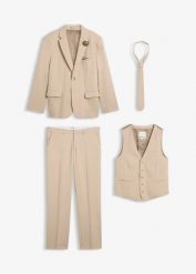 Garnitur na ślub (komplet 4-cz.) z kamizelką i krawatem, regular fit. Brązowe garnitury męskie bonprix, m, bez wzorów, eleganckie. Za 659.99 zł.