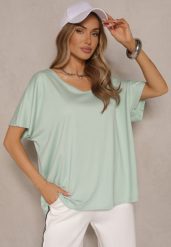 Jasnozielony T-shirt z Wiskozą w Stylu Nietoperza Liofala. Zielone t-shirty damskie Renee, bez wzorów, z jeansu, eleganckie, bez kołnierzyka, bez ramiączek. Za 49.99 zł.