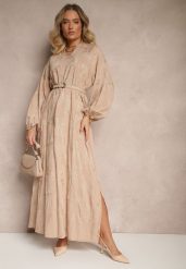 Beżowa Sukienka z Wiskozy Ozdobiona Haftami i Metaliczną Nicią Tervezia. Brązowe sukienki damskie Renee, na co dzień, na lato, l, bez wzorów, z wiskozy, eleganckie, bez kołnierzyka, bez ramiączek, maxi, kopertowe. Za 129.99 zł.