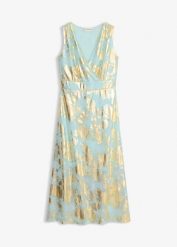 Długa sukienka. Zielone sukienki damskie bonprix, bez wzorów, eleganckie, bez kołnierzyka, bez ramiączek, maxi. Za 142.99 zł.