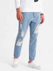 Męskie spodnie jeansowe TAPERED FIT z dziurami jasnoniebieskie V1 OM-PADP-0175 XXL. Niebieskie spodnie sportowe męskie Ombre, m, bez wzorów, z jeansu. Za 285.94 zł.