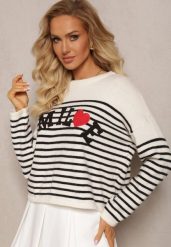 Beżowo-Czarny Sweter z Napisem Smile i Wzorem w Paski Suwaia. Brązowe swetry nierozpinane damskie Renee, z aplikacjami, casualowe, bez kołnierzyka, bez ramiączek. Za 109.99 zł.