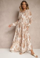 Jasnobeżowa Sukienka z Wiskozą o Rozkloszowanym Kroju w Abstrakcyjny Print Ridirinda. Brązowe sukienki damskie Renee, l, bez wzorów, z materiału, bez kołnierzyka, bez ramiączek, maxi, rozkloszowane. Za 129.99 zł.