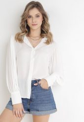 Biała Koszula z Kołnierzem i Marszczeniem Gabriels. Białe koszule damskie Born2be, bez wzorów, z tkaniny, eleganckie, bez kołnierzyka, bez ramiączek. Za 79.99 zł.