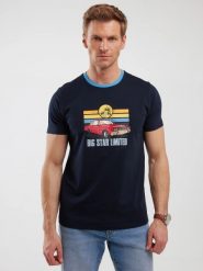 Koszulka męska z kolorowym nadrukiem granatowa Ralier 403. Niebieskie t-shirty męskie BIG STAR, l, bez wzorów, z bawełny, bez kołnierzyka, bez ramiączek. W wyprzedaży za 29.99 zł.