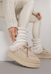 Beżowe Rustykalne Śniegowce z Niską Cholewką Zdobione Futrem i Kokardą Tuspena. Brązowe śniegowce damskie Renee, z dzianiny, przed kostkę, bez zapięcia. Za 99.99 zł.