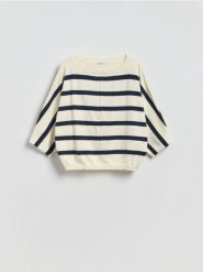 Bawełniany sweter w paski - wielobarwny. Swetry nierozpinane damskie Reserved, l, bez wzorów, z bawełny, bez kołnierzyka, bez ramiączek. Za 99.99 zł.