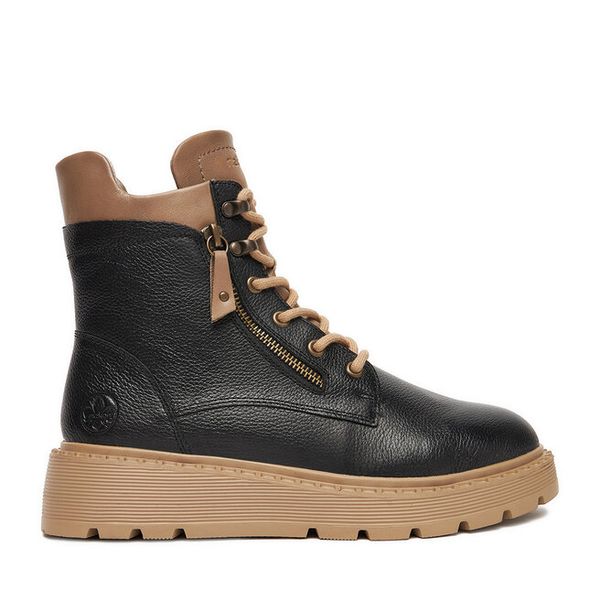 Trzewiki Rieker. Czarne botki damskie Rieker, bez wzorów, bez obcasa, na płaskiej podeszwie, bez zapięcia. Za 339.99 zł.