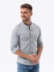 Bawełniana męska koszula SLIM FIT ze stójką w kolorowe paski – szara V5 OM-SHCS-0178 - XXL. Czarne koszule męskie Ombre Clothing, l, bez wzorów, z bawełny, casualowe, bez kołnierzyka, bez ramiączek. W wyprzedaży za 109.99 zł.
