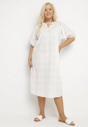 Biała Bawełniana Sukienka Oversize z Wiązaniem pod Szyją Tolanea. Białe sukienki damskie Born2be, l, bez wzorów, z bawełny, bez kołnierzyka, bez ramiączek, midi, oversize. Za 79.99 zł.