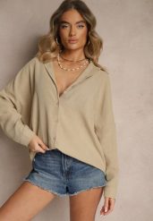 Beżowa Koszula o Fasonie Oversize w Klasycznym Stylu Marionera. Brązowe koszule damskie Renee, m, bez wzorów, z bawełny, eleganckie, bez kołnierzyka, bez ramiączek. Za 54.99 zł.