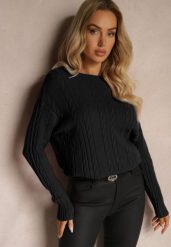 Czarny Sweter z Bawełną Wiskozą i Ozdobnym Splotem Viacelia. Czarne swetry nierozpinane damskie Renee, l, bez wzorów, z bawełny, biznesowe, bez kołnierzyka, bez ramiączek. Za 84.99 zł.