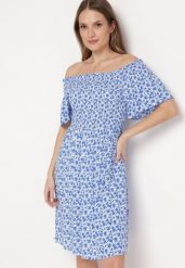 Niebieska Wiskozowa Sukienka Mini z Hiszpańskim Dekoltem w Kwiatowy Print Ijorilda. Niebieskie sukienki damskie Born2be, na lato, m, bez wzorów, z wiskozy, bez kołnierzyka, bez ramiączek, mini. Za 54.99 zł.