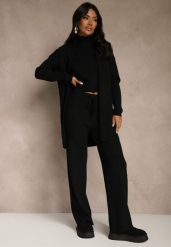 Czarny Komplet z Dzianiny z Wiskozą Spodnie Bluzka ze Stójką i Kardigan Vetisene. Czarne kardigany damskie Renee, l, bez wzorów, z dzianiny, bez kołnierzyka. Za 189.99 zł.