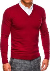 Ombre Sweter męski E120 - czerwony L. Czerwone swetry męskie Ombre, l, bez wzorów, bez kołnierzyka, bez ramiączek. Za 69.99 zł.