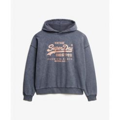 Damska metaliczna bluza z kapturem Superdry Vintage Logo. Czarne koszulki sportowe damskie Superdry, bez wzorów, bez ramiączek. Za 306.00 zł.